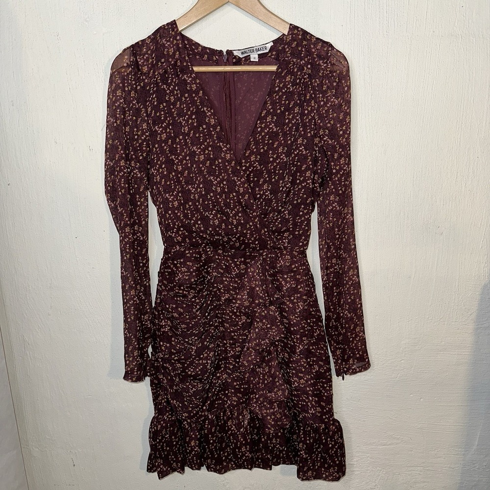 Walter Baker Women's Maroon Romantic Draped‎ Long Sleeve Dress Flowers Sz 2